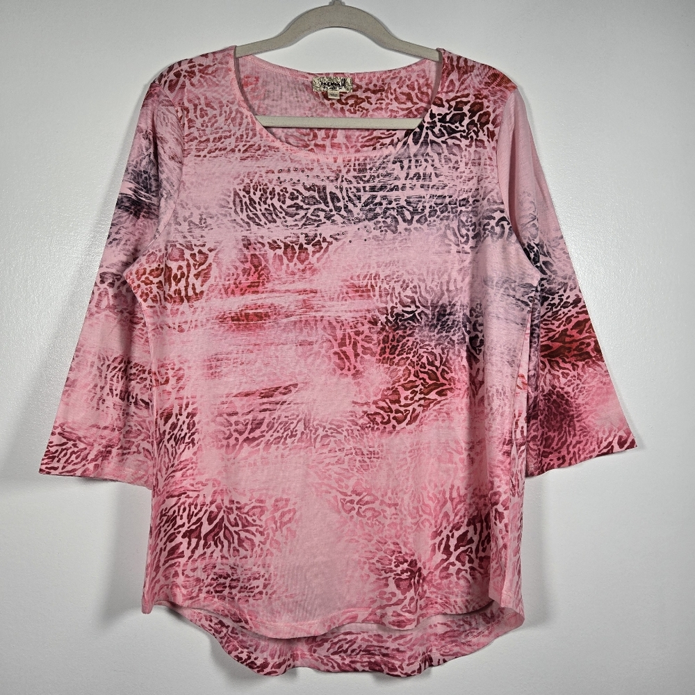One World Pink Ombre Animal Print 3/4 Sleeve Boho Tunic Top Size Large